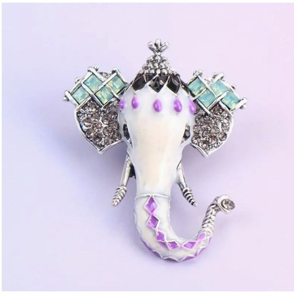 Elephant Enamel Rhinestone Brooch Pin Green white & Lavender